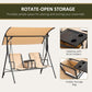 Porch swing with rotate-open hidden storage bag and drink-holder tabletop, beige
