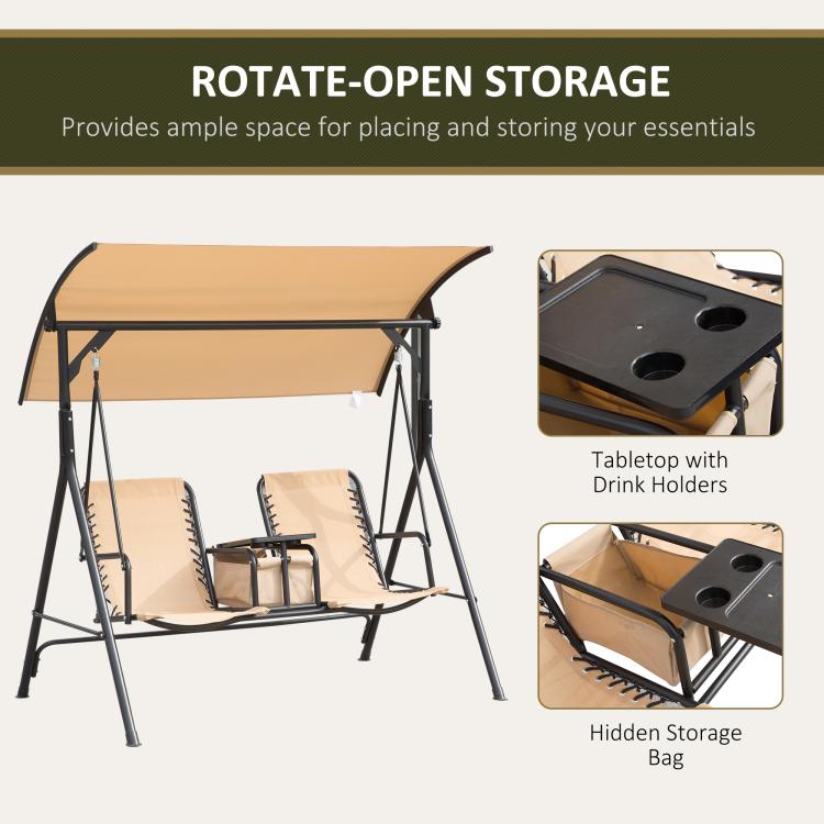 Porch swing with rotate-open hidden storage bag and drink-holder tabletop, beige