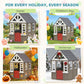 Gray wooden kids playhouse with white trim, red doors, and arched windows