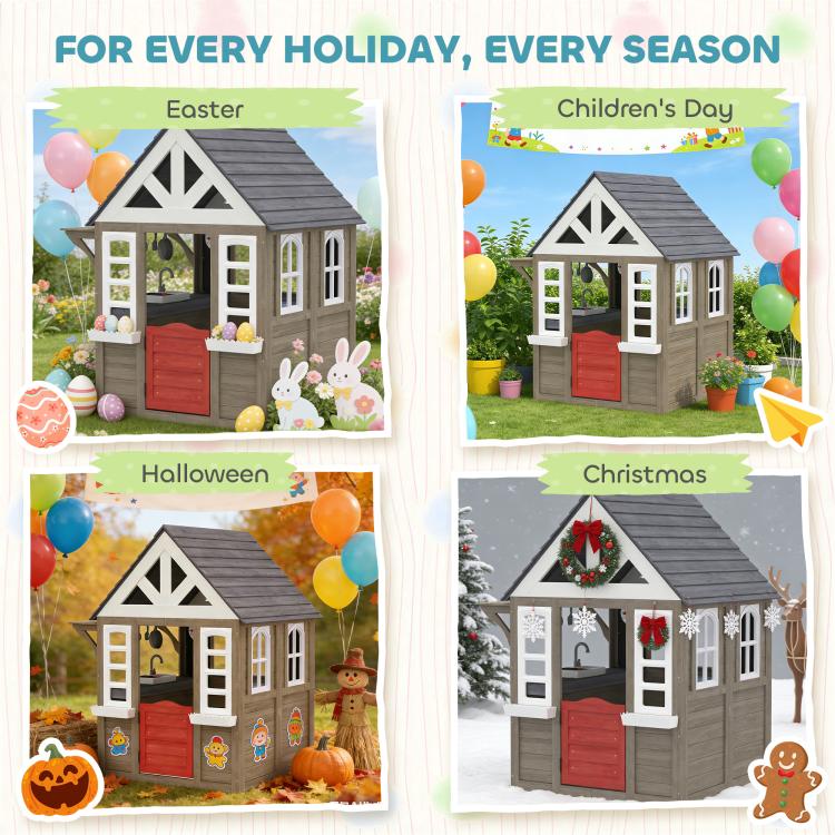Gray wooden kids playhouse with white trim, red doors, and arched windows