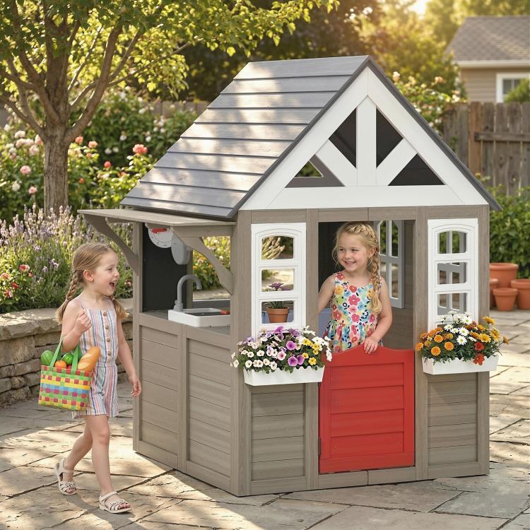 Gray wooden kids playhouse with porch windows, front half-door, and dark gray shingled roof