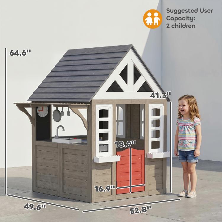 Gray wooden playhouse with dark roof, front half-door, and windows; size diagram view