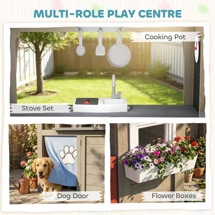 Gray wooden multi-role play centre with cookware area, dog door, and flower boxes