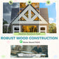 Gray wooden playhouse with weather-resistant roof and windows shown in feature collage