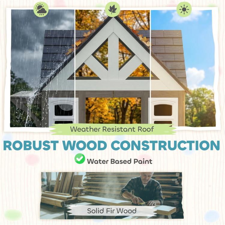 Gray wooden playhouse with weather-resistant roof and windows shown in feature collage