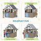 Gray wooden roleplay playhouse with snack bar and cafe store counters in layout collage
