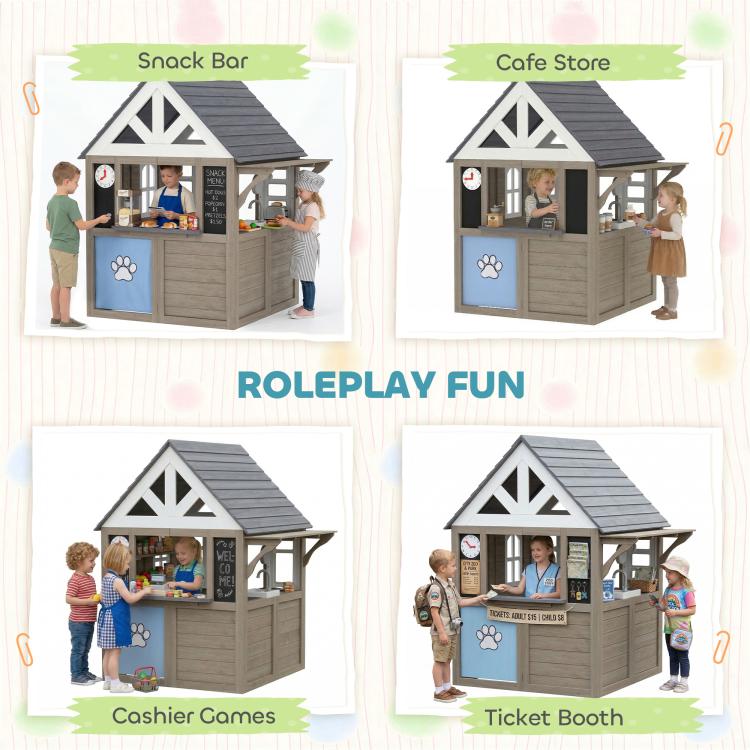Gray wooden roleplay playhouse with snack bar and cafe store counters in layout collage