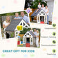Gray wooden kids playhouse with dark roof shown with families in a gift-themed collage