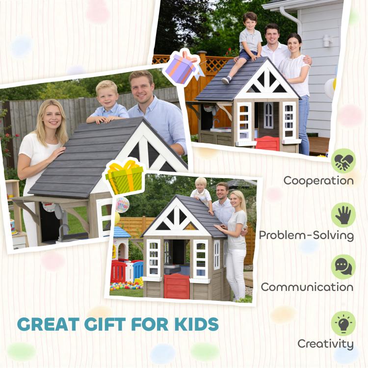 Gray wooden kids playhouse with dark roof shown with families in a gift-themed collage