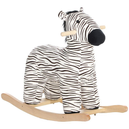 Plush zebra kids rocking horse with black-and-white stripes and wooden rocker base