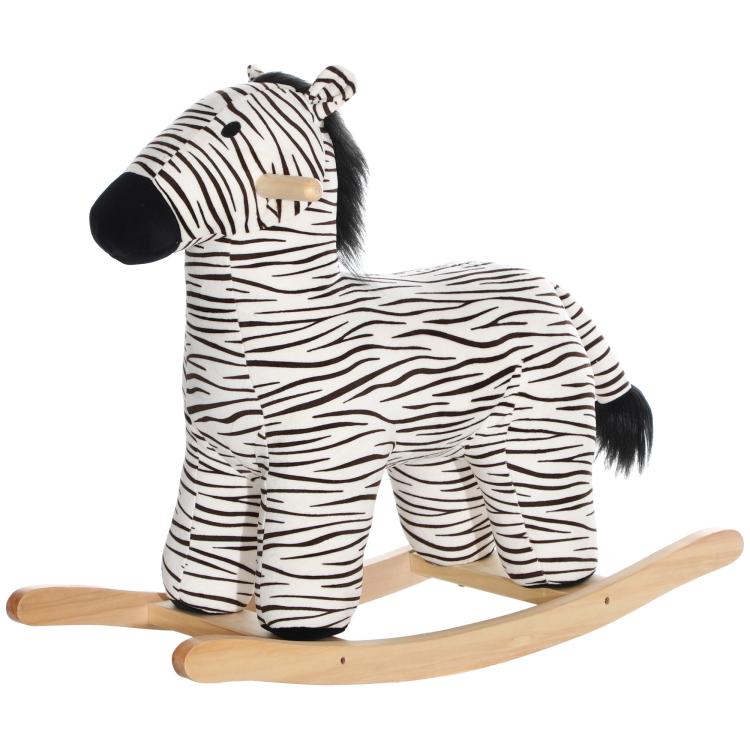 Plush zebra rocking horse with black ears, striped body, and curved wooden rocker