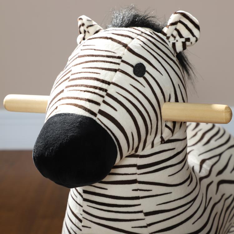 Zebra plush kids rocking horse with wooden rockers and black-striped face