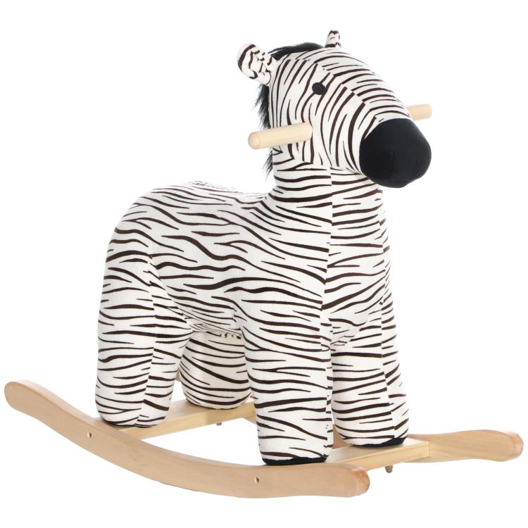 Zebra plush kids rocking horse with wooden rocking base and full-body stripes
