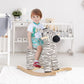Plush zebra rocking horse with wooden base, black muzzle, and striped legs