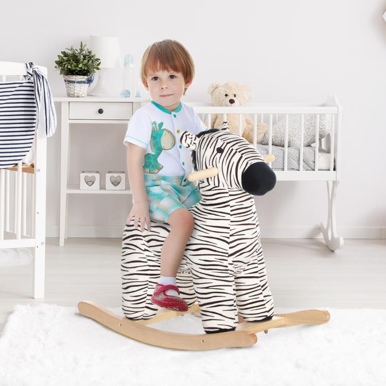 Plush zebra rocking horse with wooden base, black muzzle, and striped legs