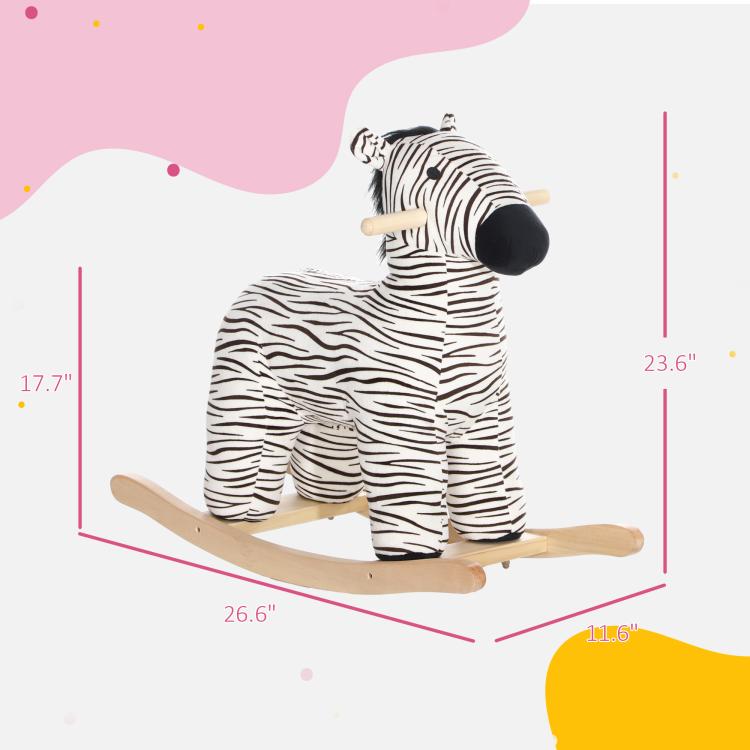 Plush zebra kids rocking horse with wooden rocker base and black-and-white stripes