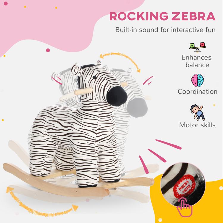 Plush zebra rocking horse with curved wooden rocker base and black muzzle