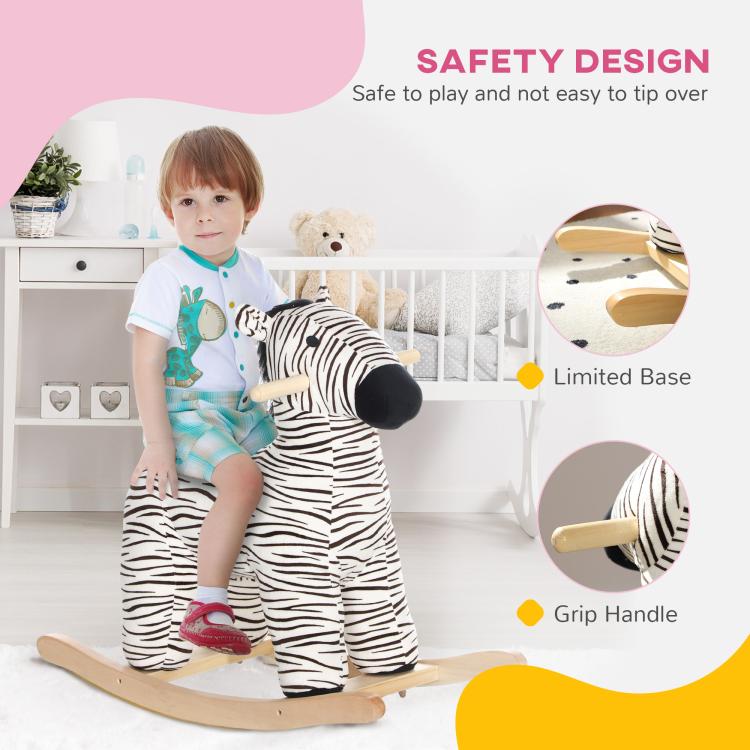 Plush zebra rocking horse with padded body and wooden grip handle