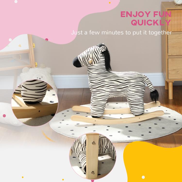 Plush zebra rocking horse with striped plush body and curved wooden rocker base