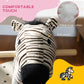 Close-up plush zebra rocking horse head with black ears and striped fabric