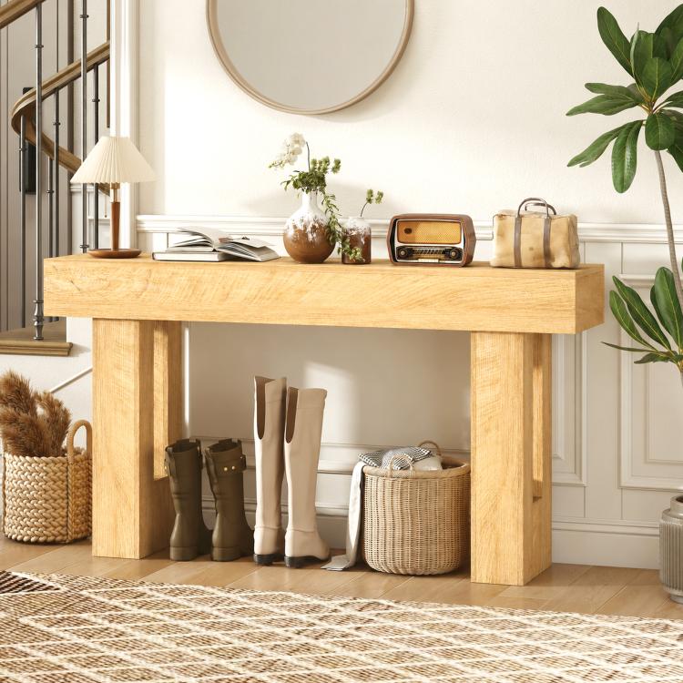 Oak console table with thick tabletop and open lower shelf