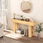 Light oak console table with thick tabletop and two-sided open lower shelf
