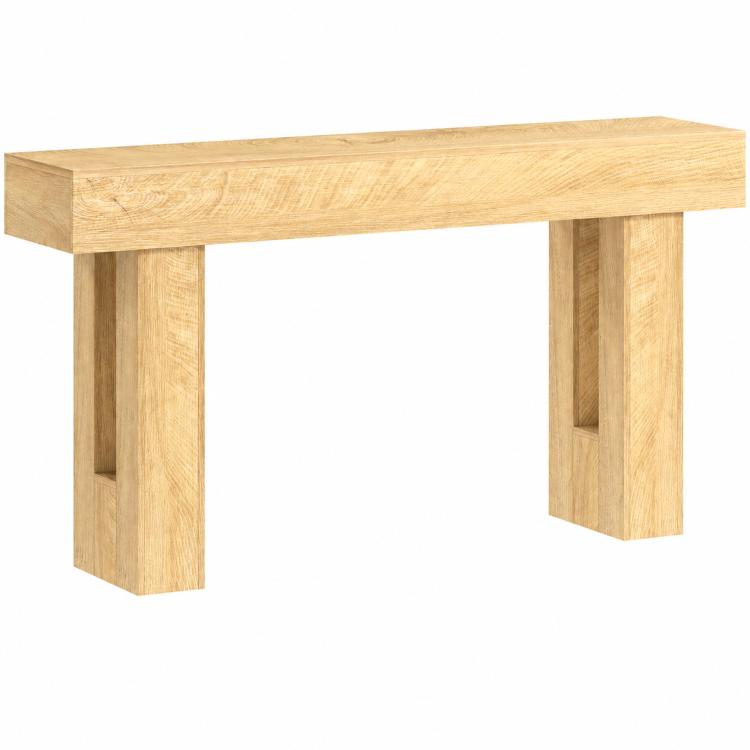 Light oak console table with thick rectangular top and straight square legs