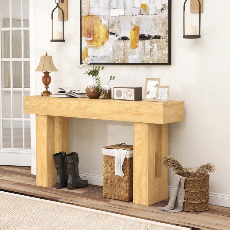 Oak console table with thick top and lower open cubby for shoes