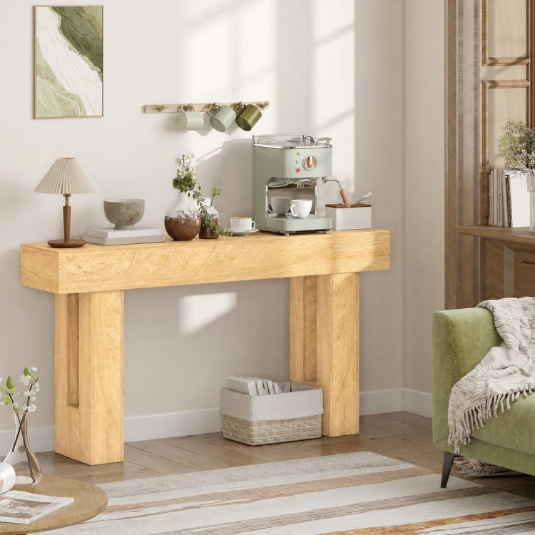 Oak entry table with thick top and open lower shelf