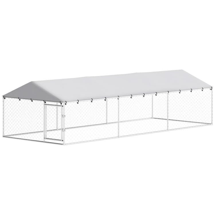 Outdoor dog kennel with silver frame, chain-link sides, and white covered roof