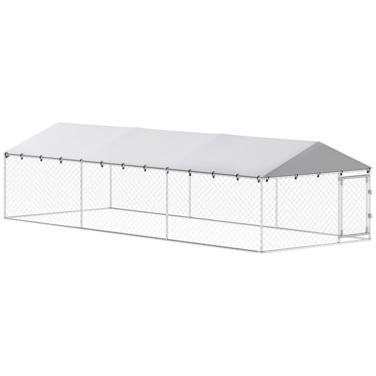 Silver outdoor dog kennel with slanted roof and chain-link sides