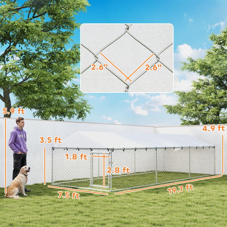 Outdoor dog kennel size diagram with labeled measurements for large dogs