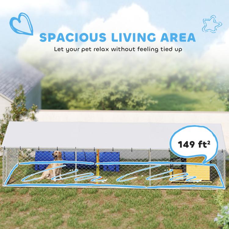 Outdoor dog kennel with spacious living area graphic over the enclosed floor
