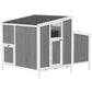 Gray and white wooden chicken coop with mesh window and side access door