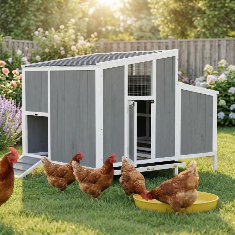 Outdoor wooden chicken coop with gray siding, white trim, and front nesting access