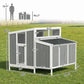 Wooden outdoor chicken coop shown with dimension lines for overall length and width