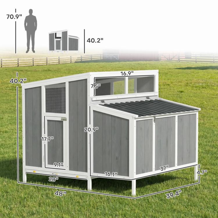 Wooden outdoor chicken coop shown with dimension lines for overall length and width