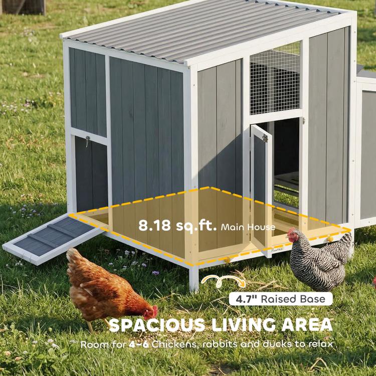 Wooden chicken coop with raised base platform and sloped roof overhang