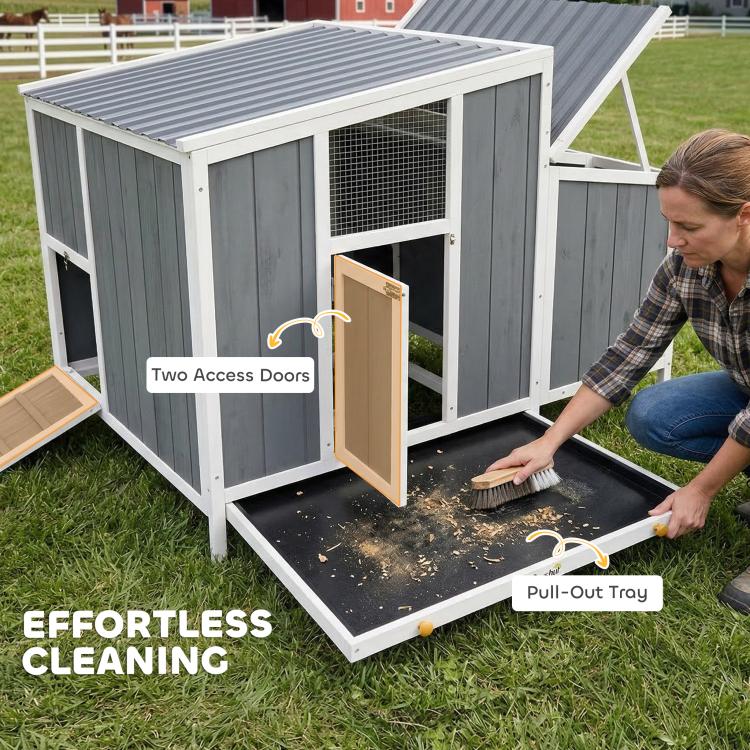 Wooden chicken coop with two access doors and pull-out cleaning tray