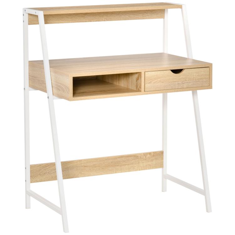 Natural wood home office desk with white frame, drawer front, and open lower shelf