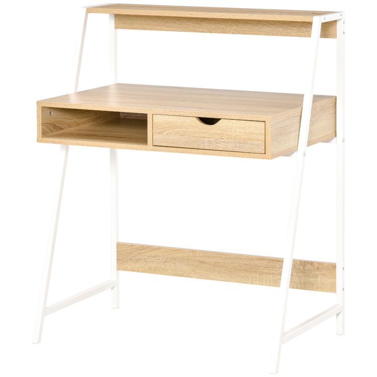 Natural wood small-space desk with drawer and open shelf under the tabletop