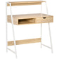 Natural wood study desk with white frame, drawer and two open storage shelves