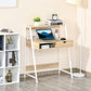Natural wood desk with drawer and open shelf, white legs for office setup