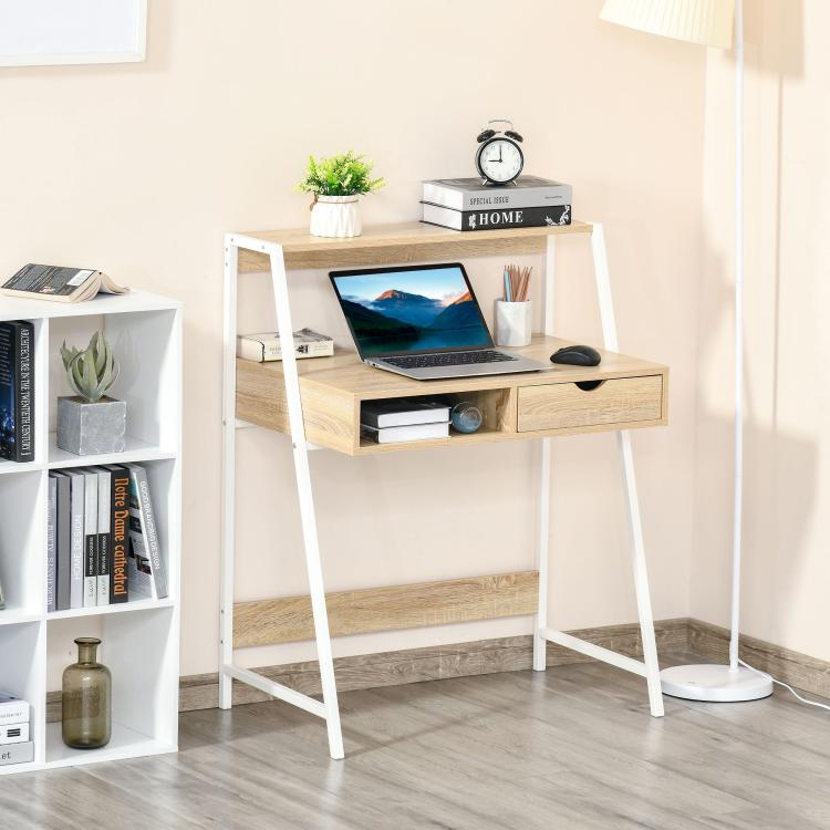 Natural wood desk with drawer and open shelf, white legs for office setup