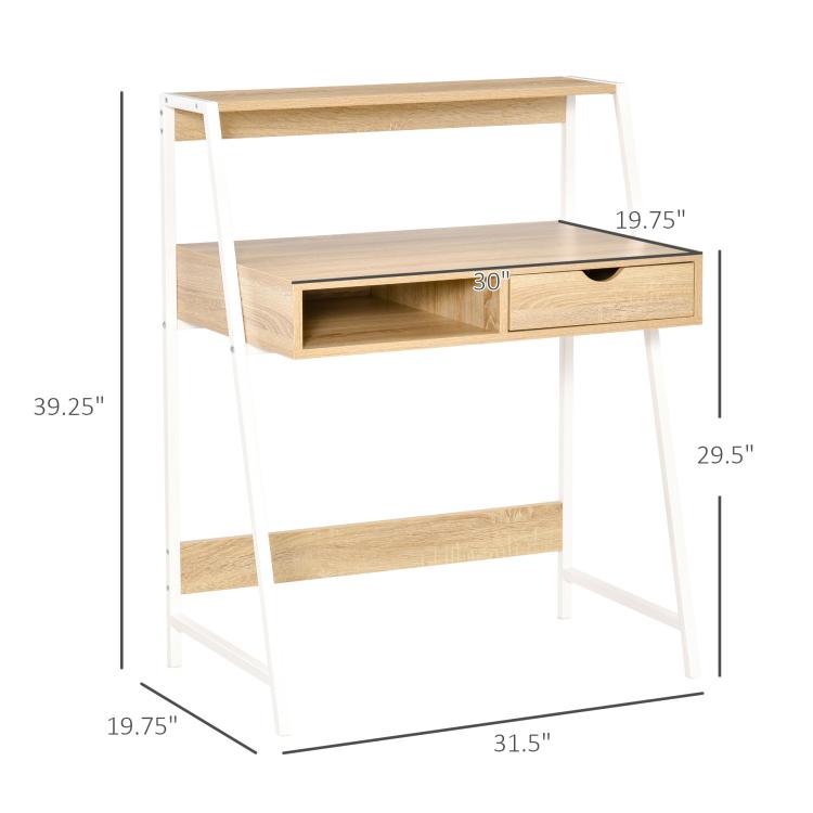 Natural wood compact desk with drawer, open shelf, and white frame legs