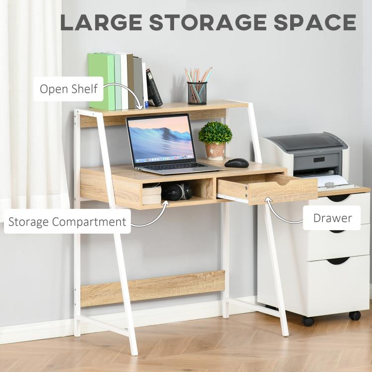 Natural wood desk with open shelf and drawer, plus storage area on lower level