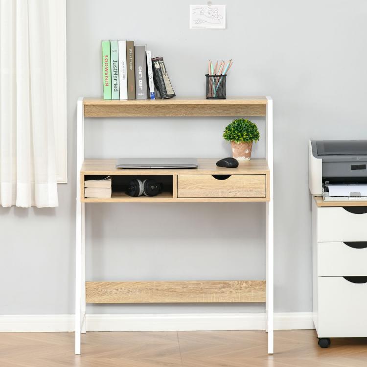 Natural wood desk with upper shelf, open storage, and drawer with black pull