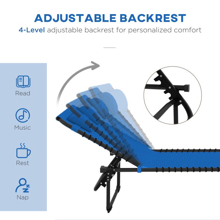 Blue 4-level adjustable backrest folding chaise lounge chair with bungee seat