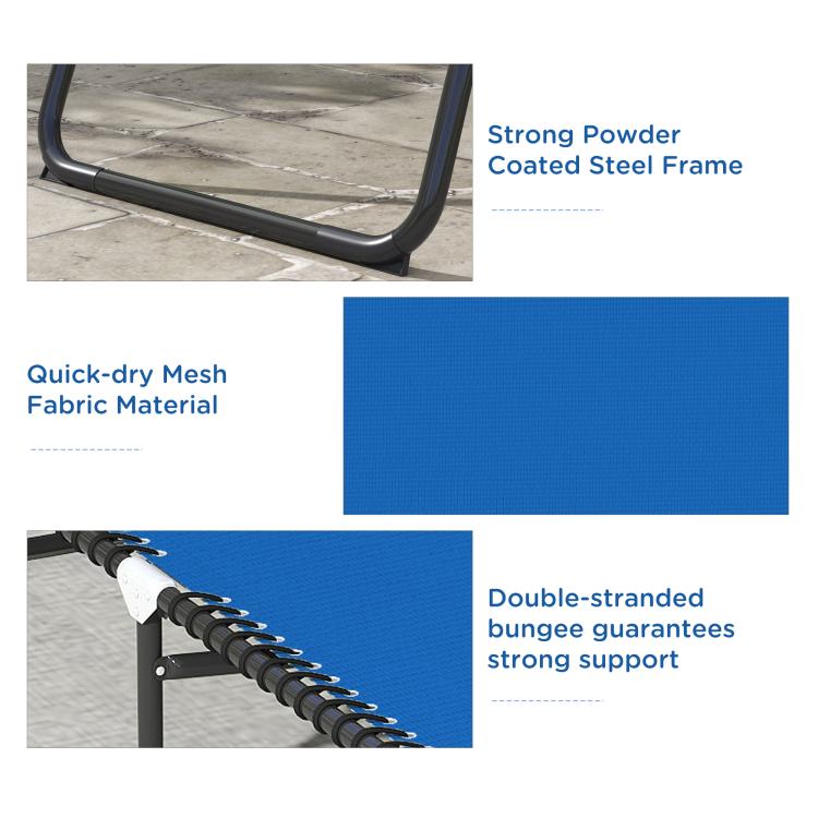 Blue mesh chaise lounge chair with powder-coated steel frame and bungee support