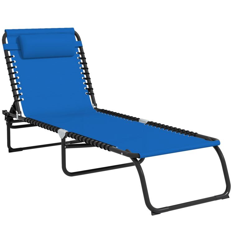 Blue folding chaise lounge pool chair with padded backrest and bungee seat
